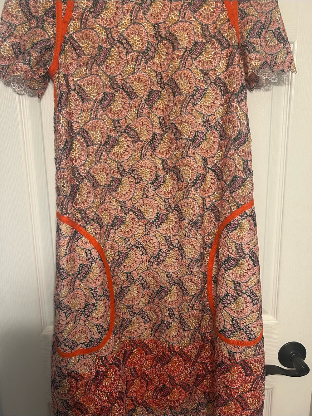 Anthropologie Patterned Orange-Trim Short Sleeve Button Dress